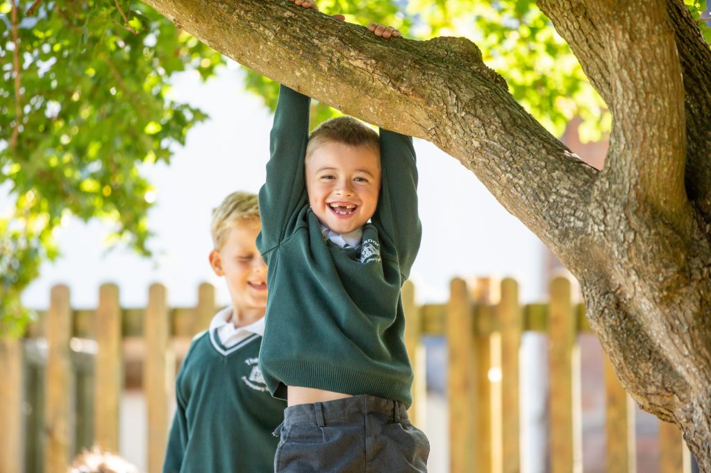 young school boy hanging from a tree